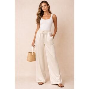 Vintage Christine Wide Leg Pants 100% silk Ivory elastic waistband pockets Sz S